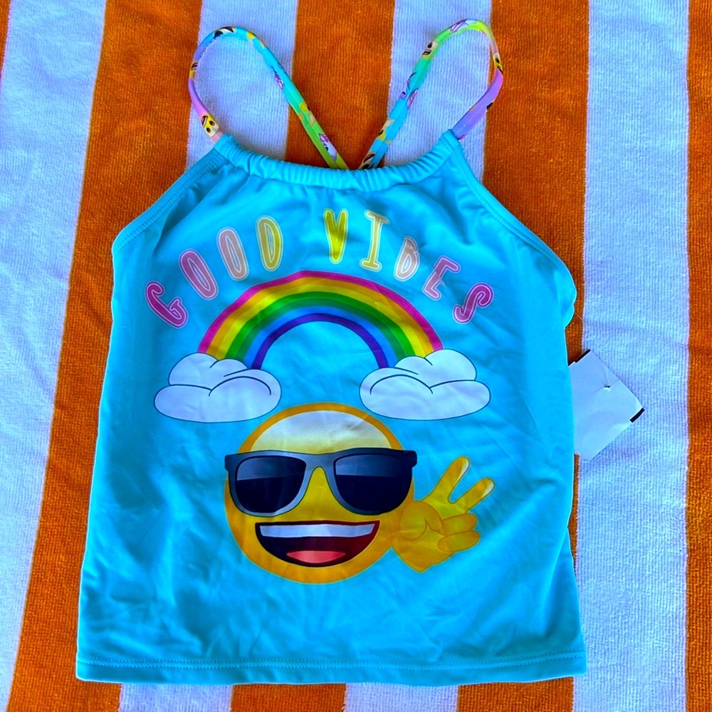 emoji THE ICONIC BRAND bathing suit top! GOOD VIBES rainbow smiley face!